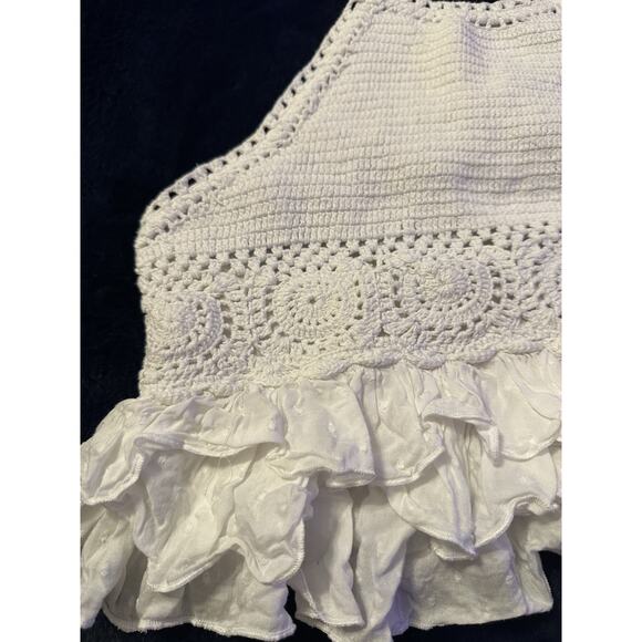 American Eagle Crochet Halter Crop Top White Ruffles XS Romantic Boho Hippie - Picture 2 of 10